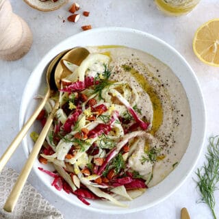 This radicchio cabbage salad with white bean hummus is a delicious winter salad, loaded with citrus flavors. Both vegan and gluten-free.