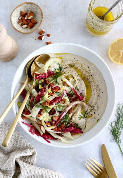 This radicchio cabbage salad with white bean hummus is a delicious winter salad, loaded with citrus flavors. Both vegan and gluten-free.