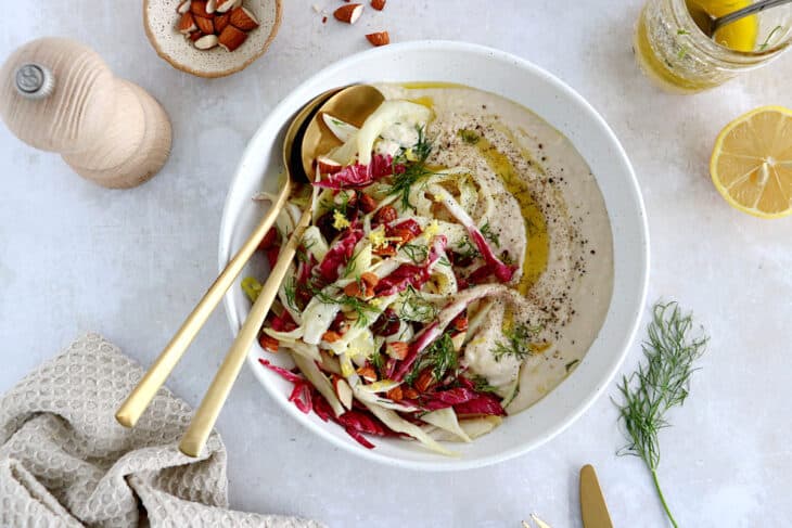 This radicchio cabbage salad with white bean hummus is a delicious winter salad, loaded with citrus flavors. Both vegan and gluten-free.