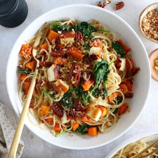 Up your pasta by making this lemony winter squash pasta with halloumi, baby spinach, and a crispy pecan-breadcrumb.