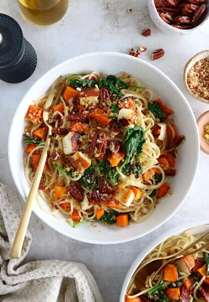 Up your pasta by making this lemony winter squash pasta with halloumi, baby spinach, and a crispy pecan-breadcrumb.