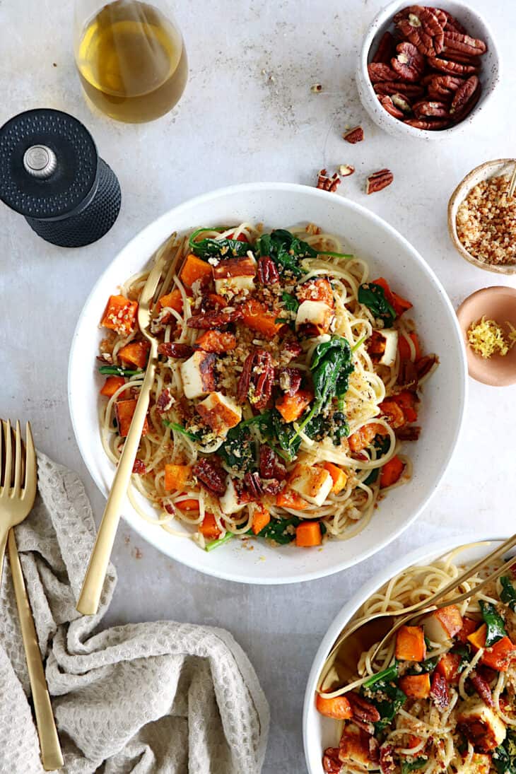 Up your pasta by making this lemony winter squash pasta with halloumi, baby spinach, and a crispy pecan-breadcrumb.