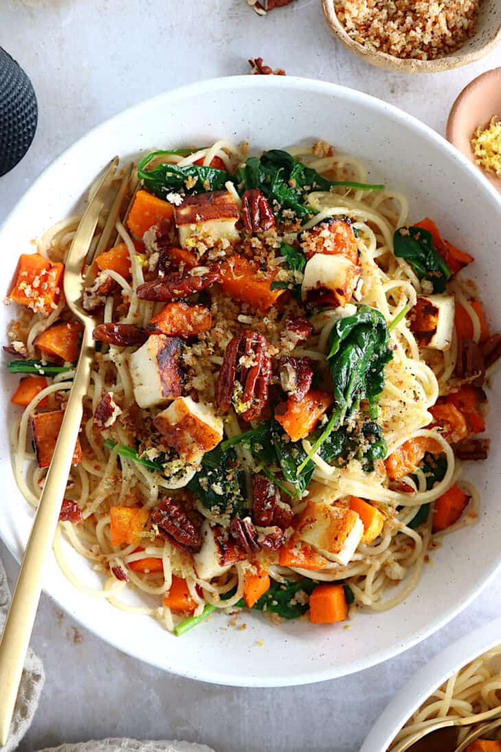 Up your pasta by making this lemony winter squash pasta with halloumi, baby spinach, and a crispy pecan-breadcrumb.