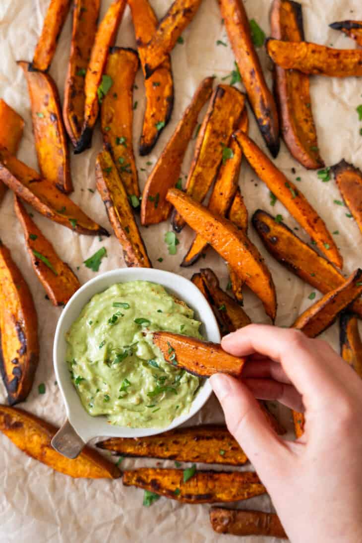 Sweet potato fries are so addictive! Crispy and slightly charred on the edges, they make a great side or snack to enjoy with an avocado dip.