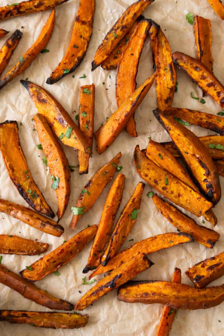 Sweet potato fries are so addictive! Crispy and slightly charred on the edges, they make a great side or snack to enjoy with an avocado dip.