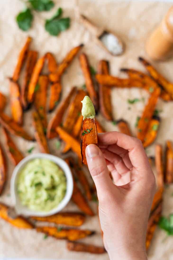 Sweet potato fries are so addictive! Crispy and slightly charred on the edges, they make a great side or snack to enjoy with an avocado dip.