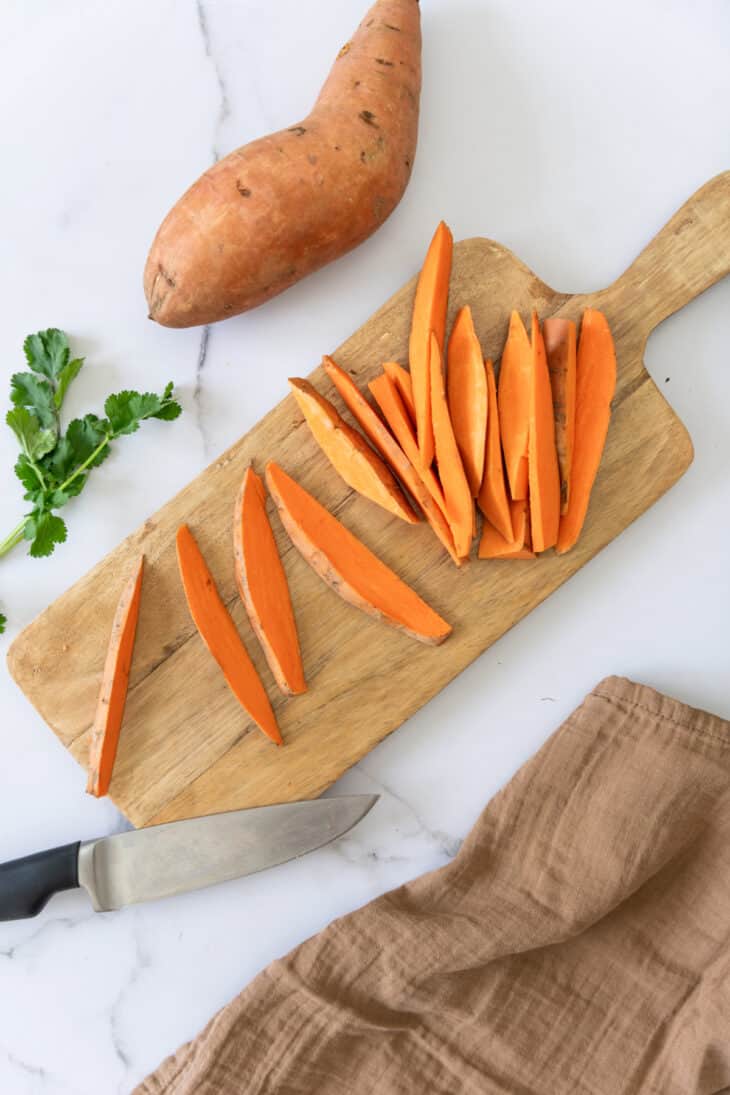 Sweet potato fries are so addictive! Crispy and slightly charred on the edges, they make a great side or snack to enjoy with an avocado dip.