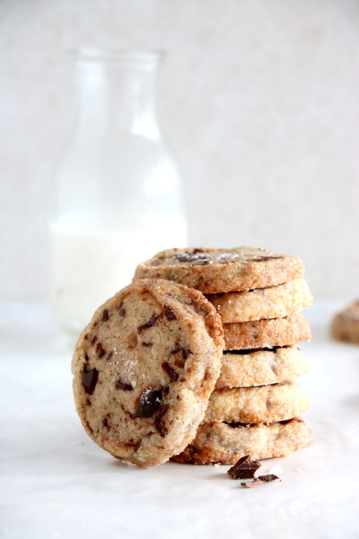 These chocolate chip shortbread cookies are rich, buttery, crispy, and loaded with chocolate chunks.