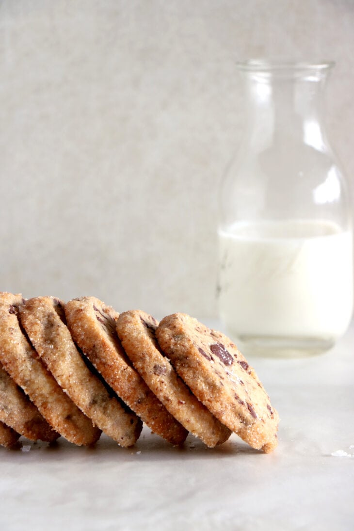 These chocolate chip shortbread cookies are rich, buttery, crispy, and loaded with chocolate chunks.