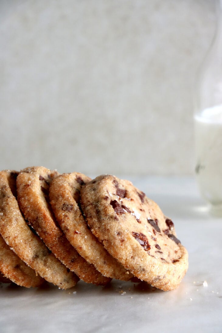 These chocolate chip shortbread cookies are rich, buttery, crispy, and loaded with chocolate chunks.