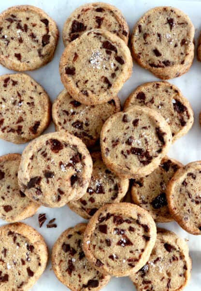 These chocolate chip shortbread cookies are rich, buttery, crispy, and loaded with chocolate chunks.