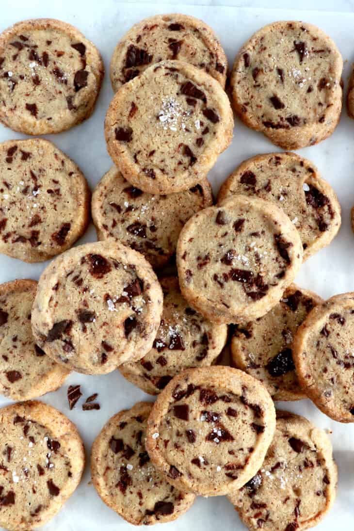 These chocolate chip shortbread cookies are rich, buttery, crispy, and loaded with chocolate chunks.