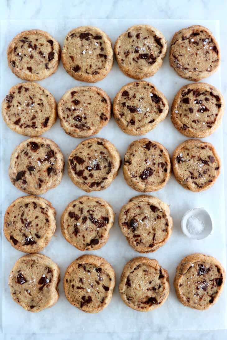 These chocolate chip shortbread cookies are rich, buttery, crispy, and loaded with chocolate chunks.