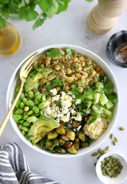 Green goddess quinoa salad is loaded with quinoa, green vegetables and protein. Quick and easy to assemble, healthy and nutritious.