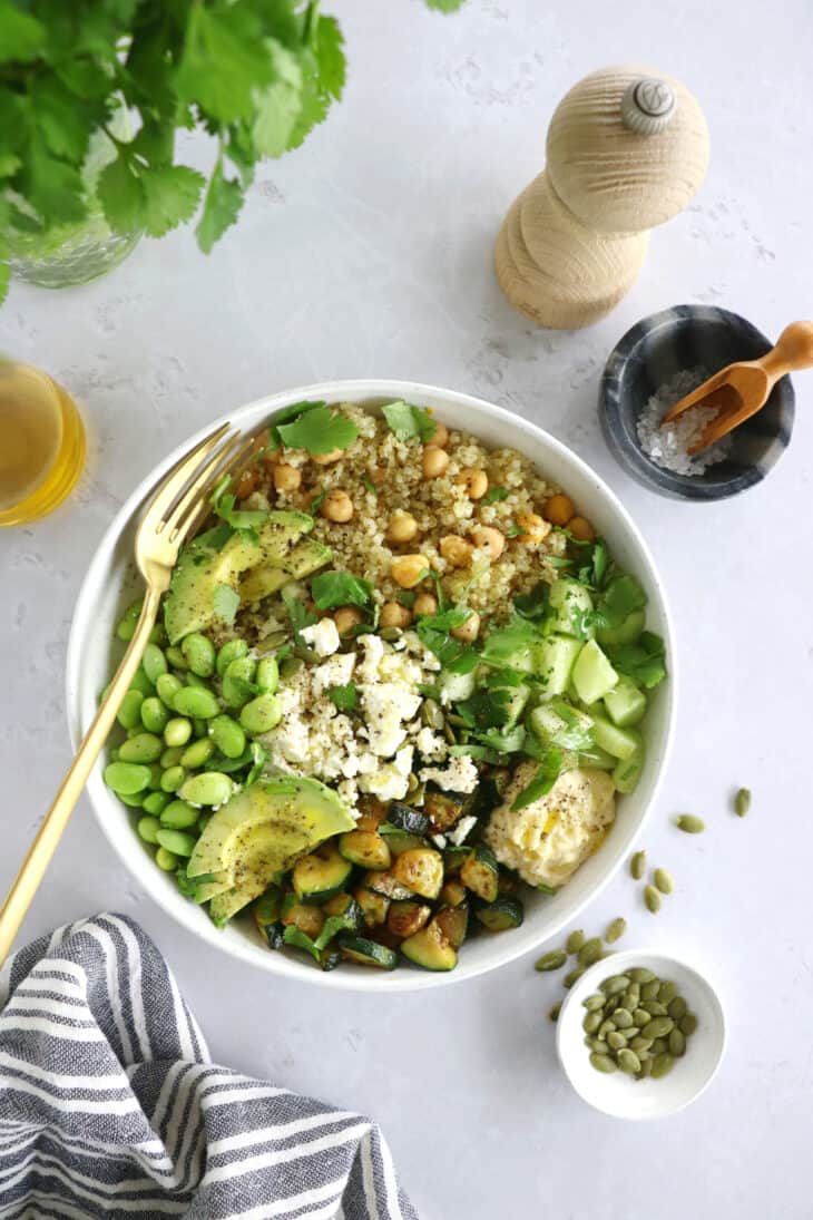 Green goddess quinoa salad is loaded with quinoa, green vegetables and protein. Quick and easy to assemble, healthy and nutritious.