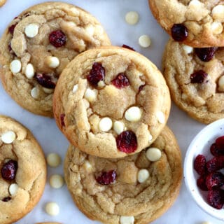 These are the BEST white chocolate cranberry cookies! Thick, soft and chewy, with crispy edges, they are deliciously sweet and slightly tart.