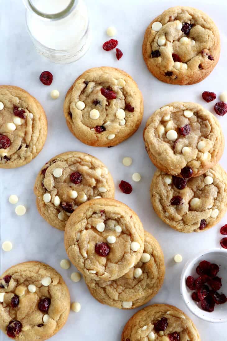 These are the BEST white chocolate cranberry cookies! Thick, soft and chewy, with crispy edges, they are deliciously sweet and slightly tart.