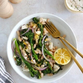 This vibrant roasted broccolini and white bean salad with feta is a simple healthy salad recipe filled with refreshing flavors.