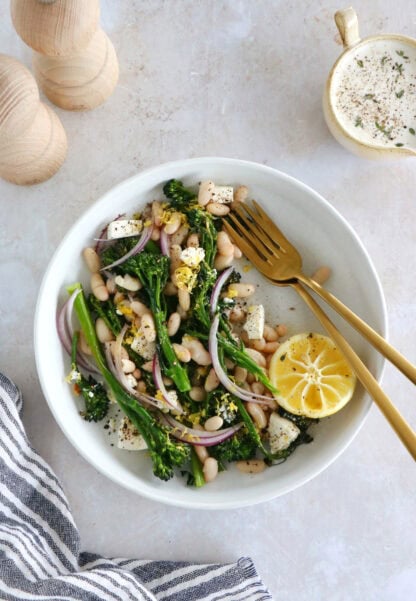 This vibrant roasted broccolini and white bean salad with feta is a simple healthy salad recipe filled with refreshing flavors.