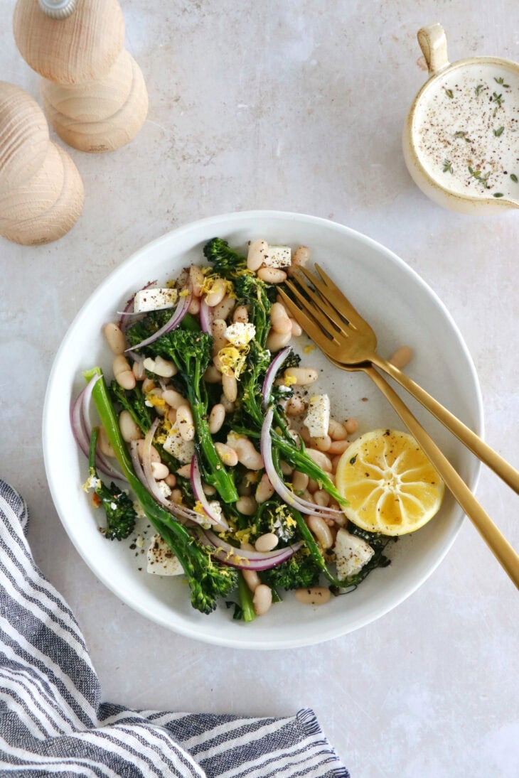 This vibrant roasted broccolini and white bean salad with feta is a simple healthy salad recipe filled with refreshing flavors.
