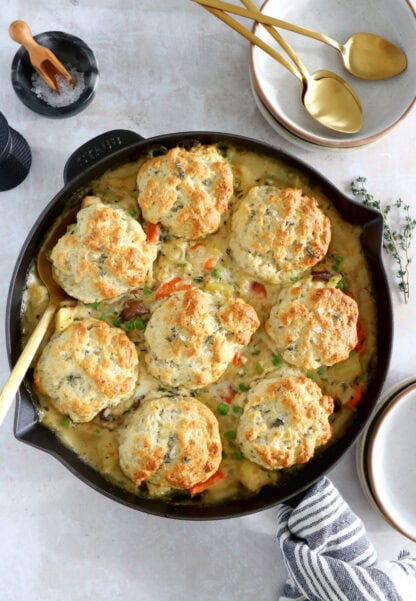 This Parmesan biscuit vegetable pot pie is a cozy casserole. It features a creamy vegetable filling and a cheesy biscuit topping with herbs.