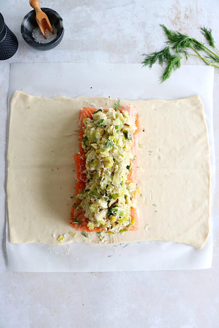 Puff pastry salmon wellington features a crispy golden puff pastry filled with a creamy leek-salmon filling, seasoned to perfection.