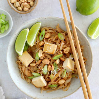 This EASY 20-minute peanut tofu pad thai is sweet, spicy and packed with delicious peanut flavors.