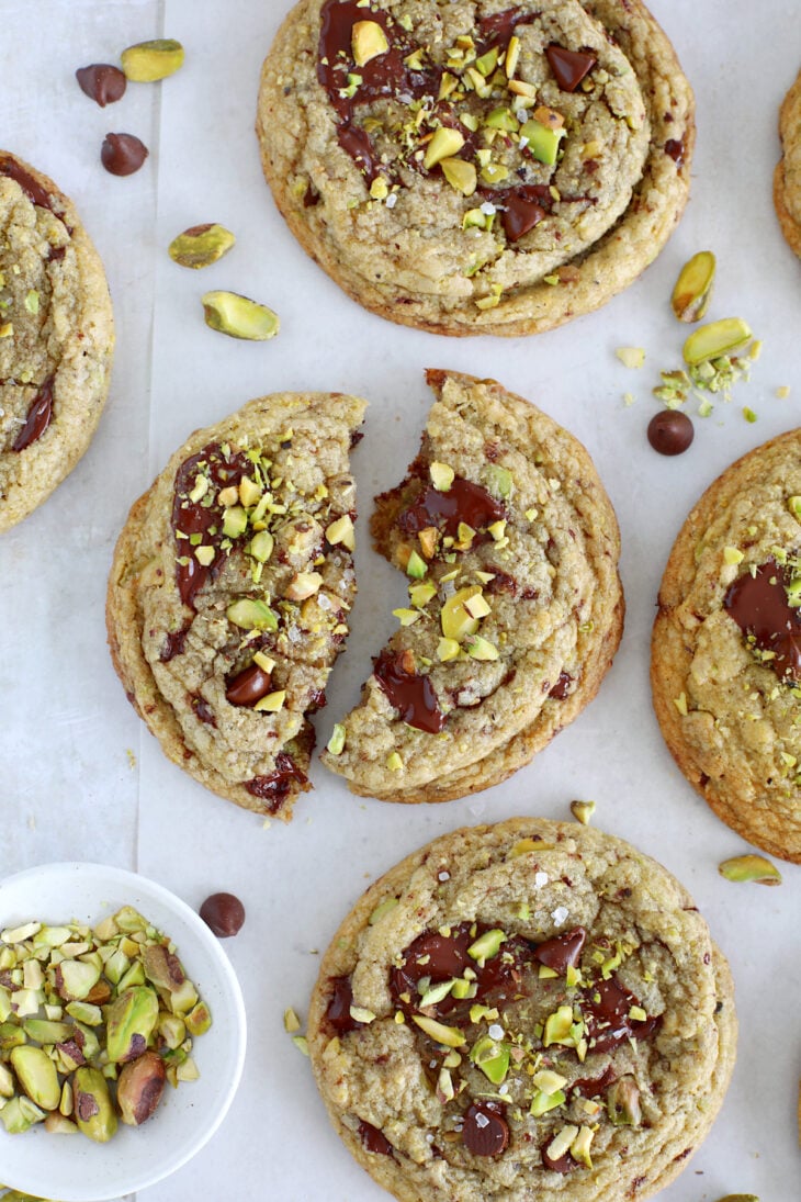 These pistachio chocolate chunk cookies are soft, chewy, oozing with puddles of dark chocolate and crispy pistachios.