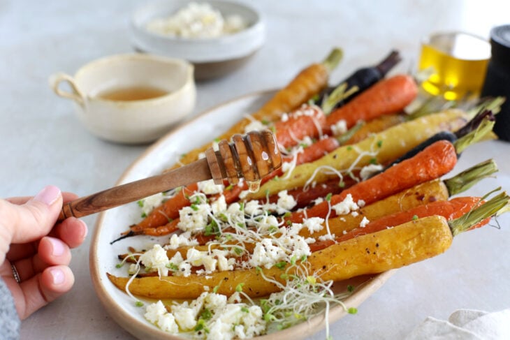 These roasted carrots with feta make a simple vegetarian side for Easter, Thanksgiving, and every occasion in between!