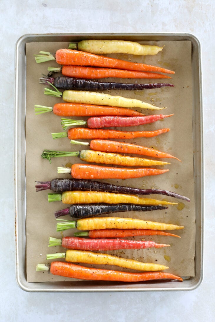 These roasted carrots with feta make a simple vegetarian side for Easter, Thanksgiving, and every occasion in between!