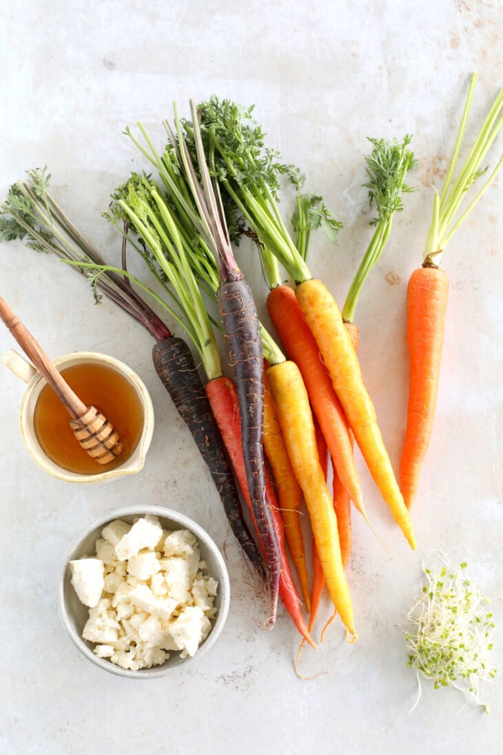 These roasted carrots with feta make a simple vegetarian side for Easter, Thanksgiving, and every occasion in between!