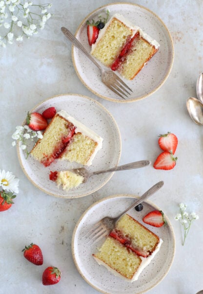 Découvrez mon layer cake aux fraises facile et en petit format 4-6 personnes. Réalisé avec une base de gâteau au yaourt, il est garni de confitures de fraises, de fraises fraîches, et recouvert d'un glaçage à la vanille oncteux. Une recette simplissime qui fait petit effet !