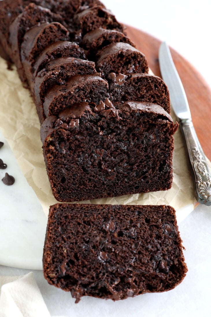 This double chocolate banana bread is perfectly moist, tender, and loaded with rich chocolate flavors.