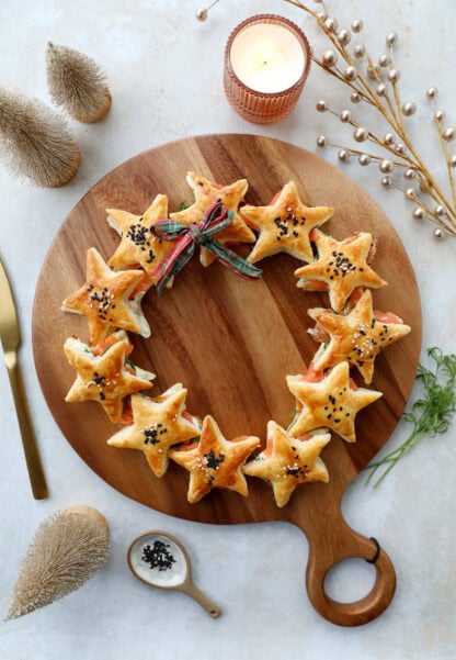 This smoked salmon puff pastry star wreath is very festive, while being a breeze to make. It makes a wonderful holiday appetizer.