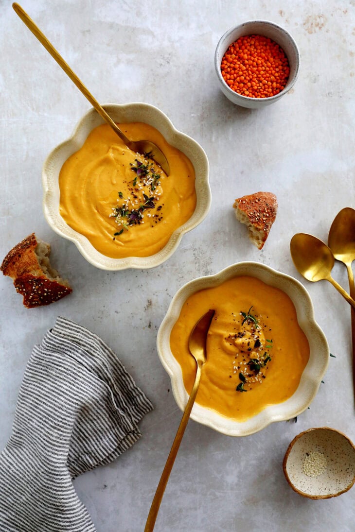 This easy carrot and red lentil soup is comforting, nourishing and prepared with simple ingredients.