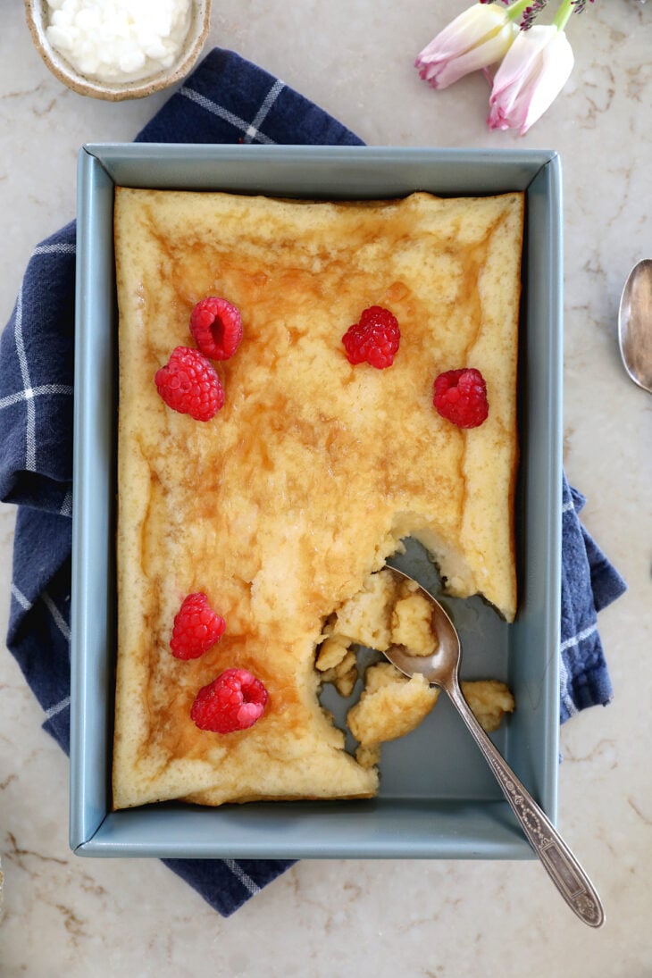 This cottage cheese bake is the ultimate sheet pan pancake. Loaded with protein, it's light and fluffy, with a tender, custard-like center.
