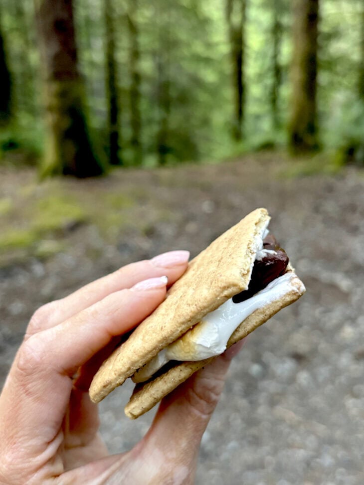 Campfire s'mores are the ultimate camping experience: roasted marshmallows, melting chocolate and two pieces of graham crackers!