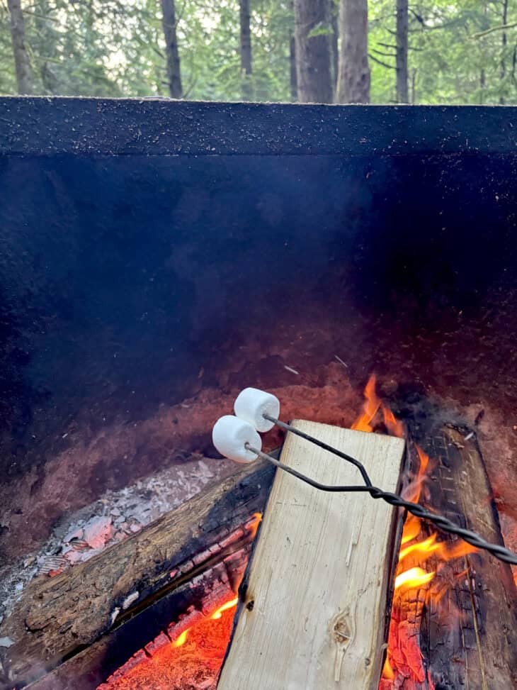 Les s'mores au feu de bois, ce sont des chamallows grillés et placés entre deux biscuits avec un morceau de chocolat.