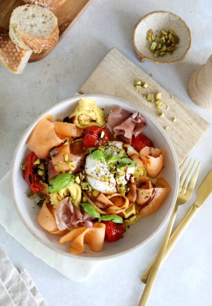 This simple melon, prosciutto and burrata tortellini pasta salad is bursting with summer flavors in the most elegant way.