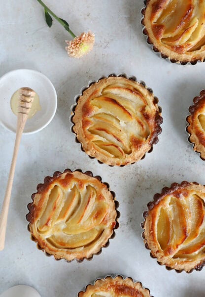Ces petites tartelettes aux pommes sont aussi jolies que gourmandes. Pr&eacute;par&eacute;es avec une p&acirc;te bris&eacute;e et une garniture aux pommes fondantes, elles sont parfaites pour le go&ucirc;ter.