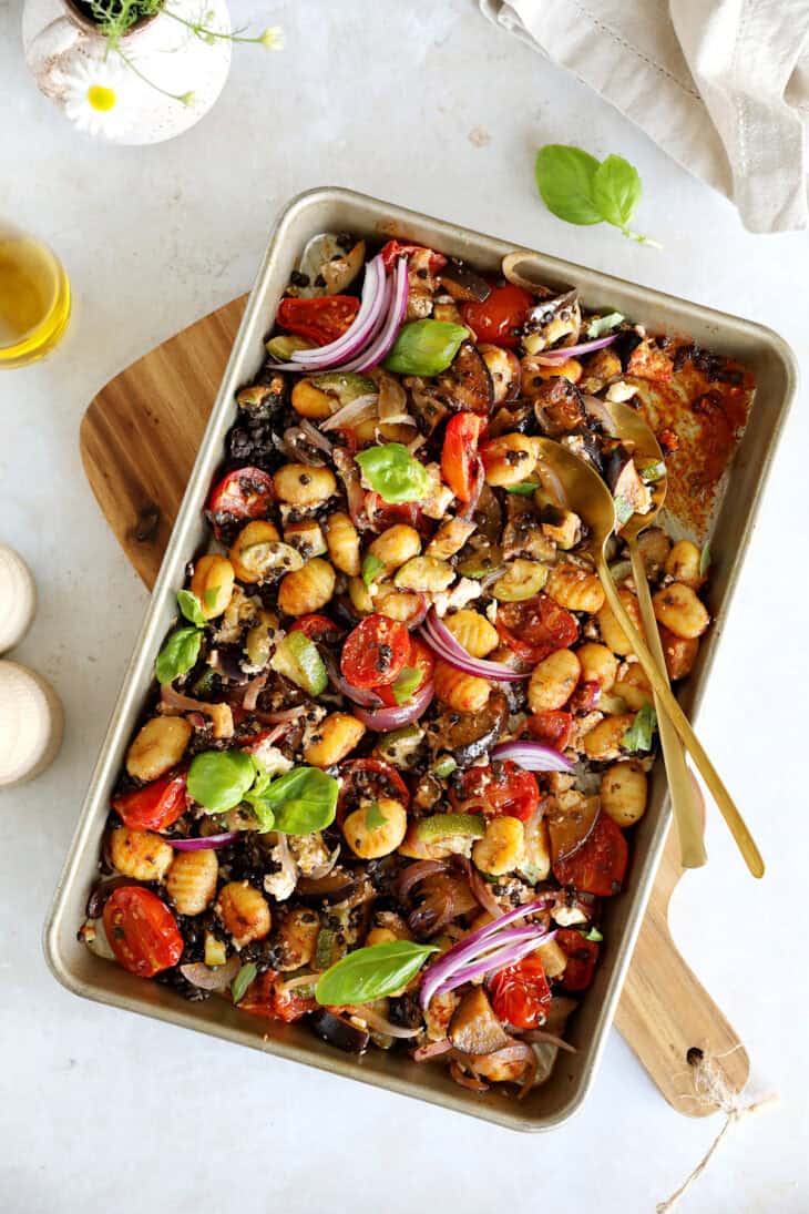 This Greek vegetarian sheet pan gnocchi with roasted summer vegetables, feta cheese and beluga lentils is loaded with flavors.