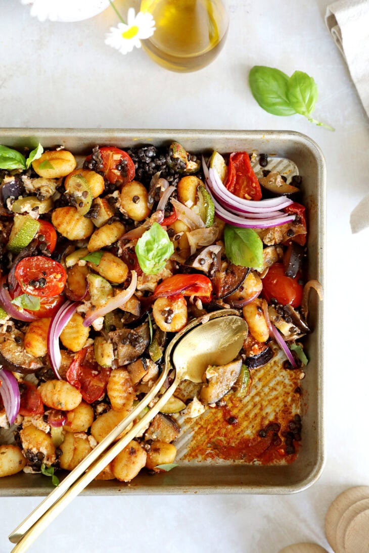 This Greek vegetarian sheet pan gnocchi with roasted summer vegetables, feta cheese and beluga lentils is loaded with flavors.