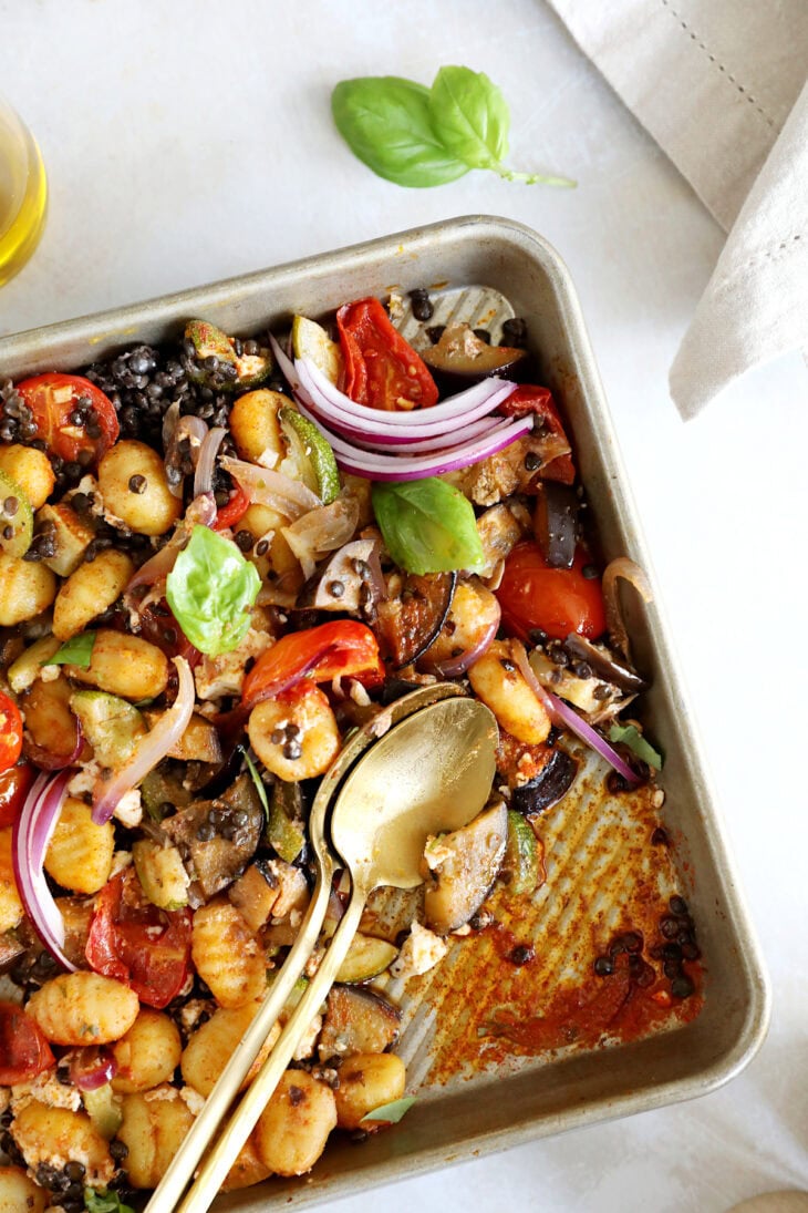 This Greek vegetarian sheet pan gnocchi with roasted summer vegetables, feta cheese and beluga lentils is loaded with flavors.