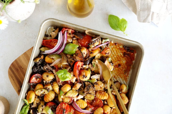 This Greek vegetarian sheet pan gnocchi with roasted summer vegetables, feta cheese and beluga lentils is loaded with flavors.