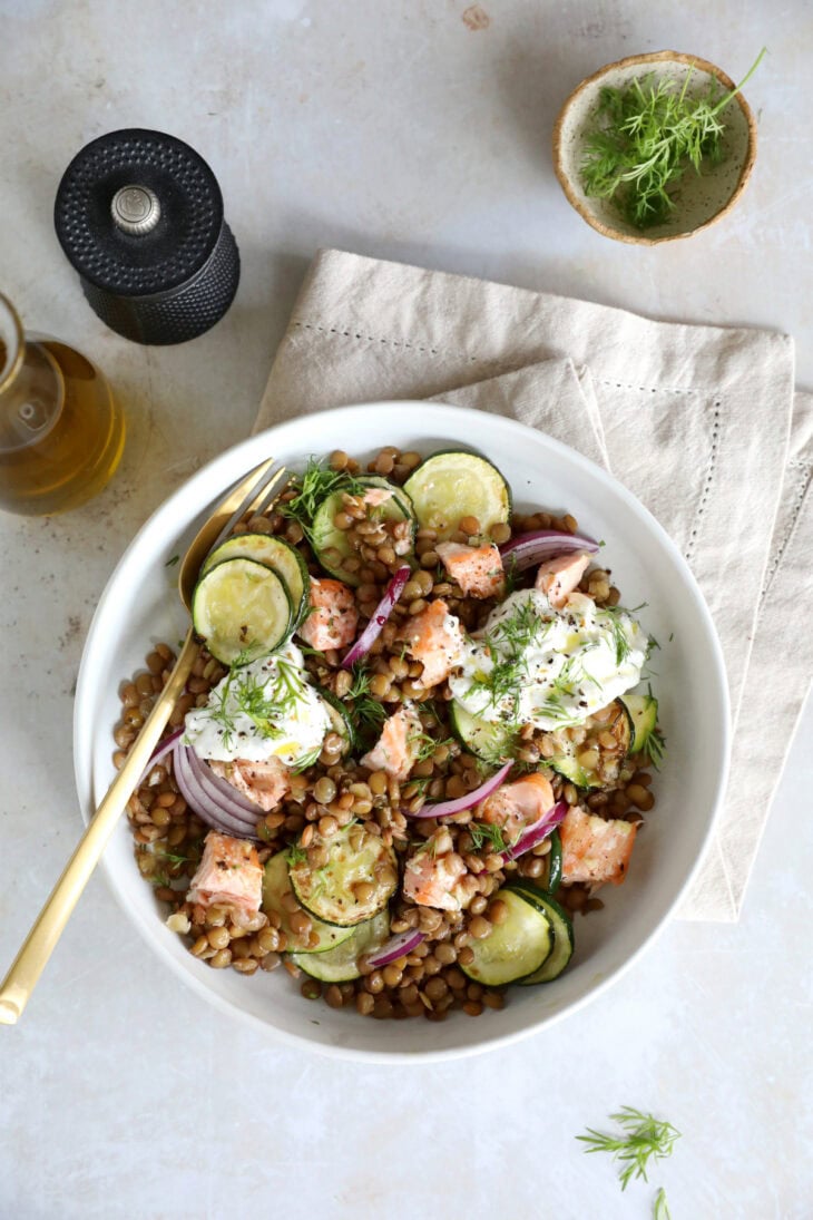 This simple warm salmon lentil salad with tzatziki makes for a great lunch or dinner, packed with nutrients and good-for-you ingredients.