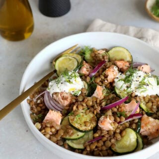 This simple warm salmon lentil salad with tzatziki makes for a great lunch or dinner, packed with nutrients and good-for-you ingredients.
