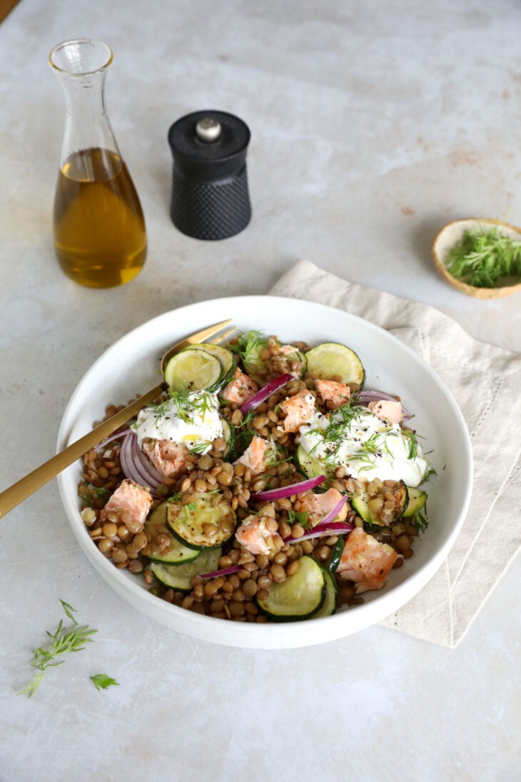 This simple warm salmon lentil salad with tzatziki makes for a great lunch or dinner, packed with nutrients and good-for-you ingredients.
