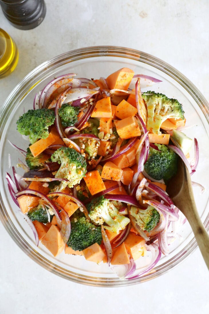 Oven-roasted broccoli and sweet potatoes with feta is a simple veggie side dish loaded with flavors. Ready in only 30 minutes in the oven!