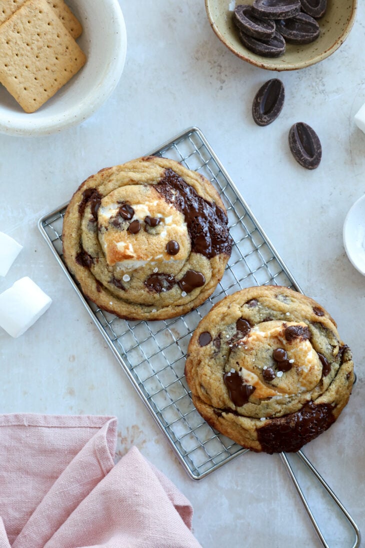 These utterly decadent s’mores chocolate chip cookies are inspired by those nostalgic campfire s’mores and made into a bakery-style dessert.