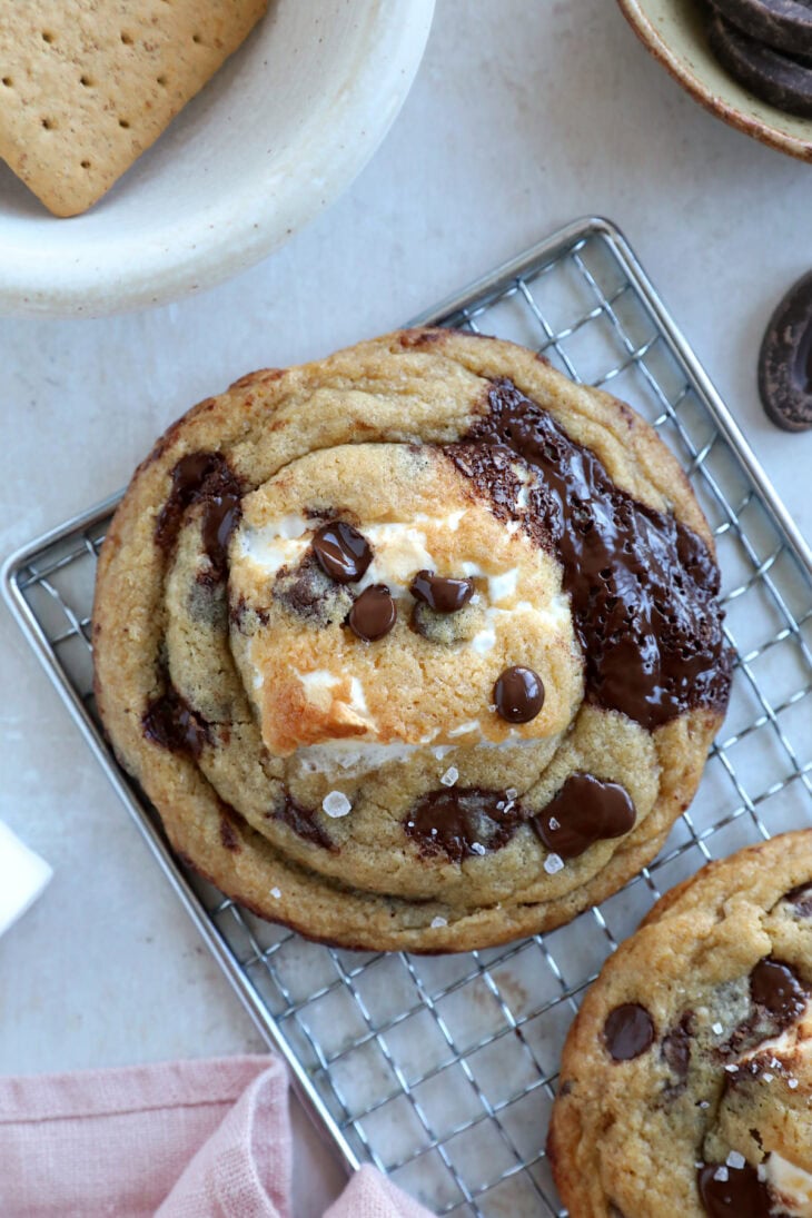 These utterly decadent s’mores chocolate chip cookies are inspired by those nostalgic campfire s’mores and made into a bakery-style dessert.